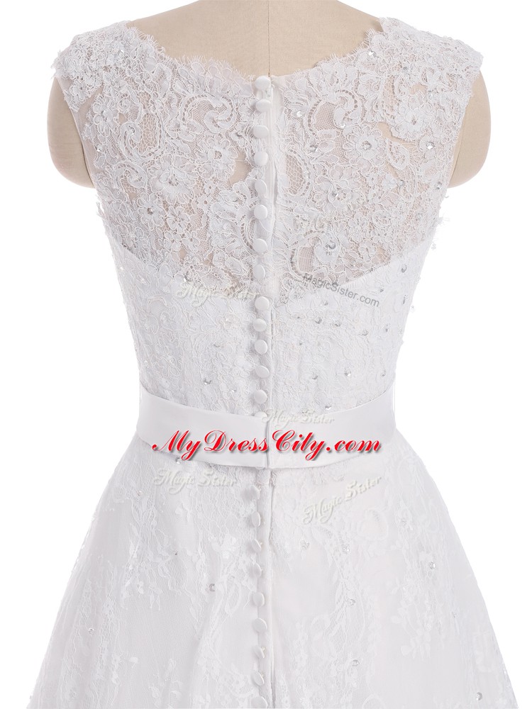 Modern White Scalloped Neckline Lace Bridal Gown Sleeveless Clasp Handle