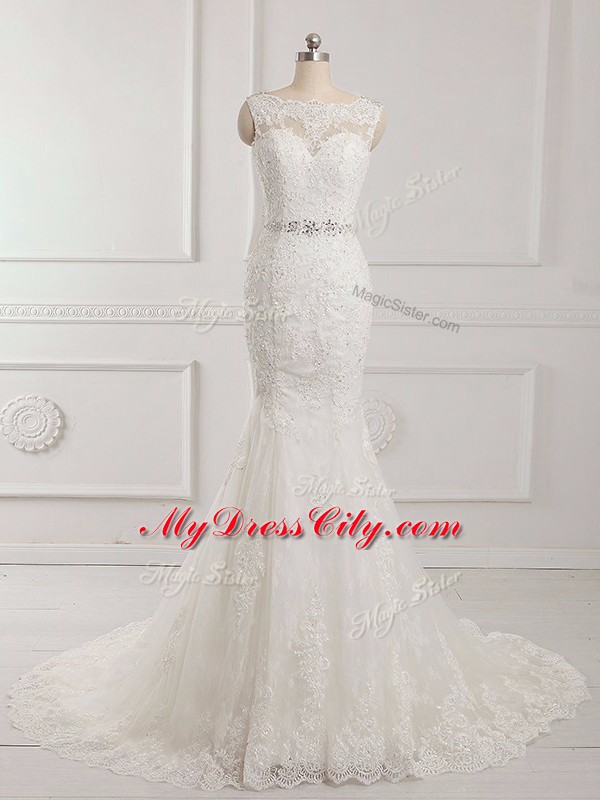 Tulle Scalloped Sleeveless Brush Train Backless Beading and Lace and Appliques Wedding Gown in White