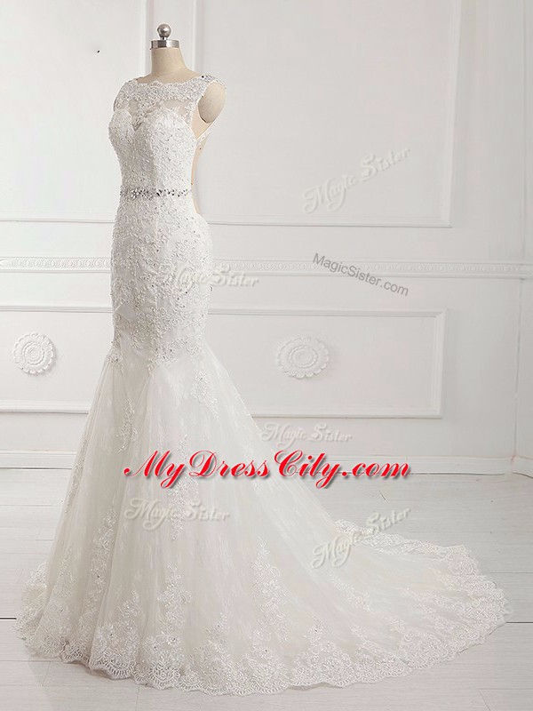 Tulle Scalloped Sleeveless Brush Train Backless Beading and Lace and Appliques Wedding Gown in White