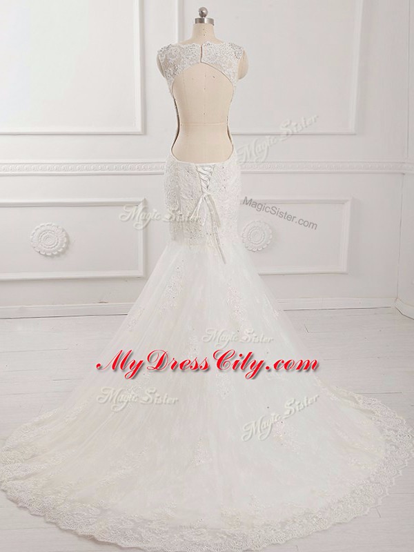 Tulle Scalloped Sleeveless Brush Train Backless Beading and Lace and Appliques Wedding Gown in White