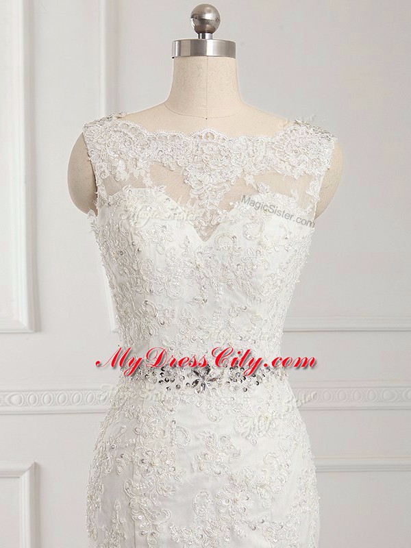 Tulle Scalloped Sleeveless Brush Train Backless Beading and Lace and Appliques Wedding Gown in White