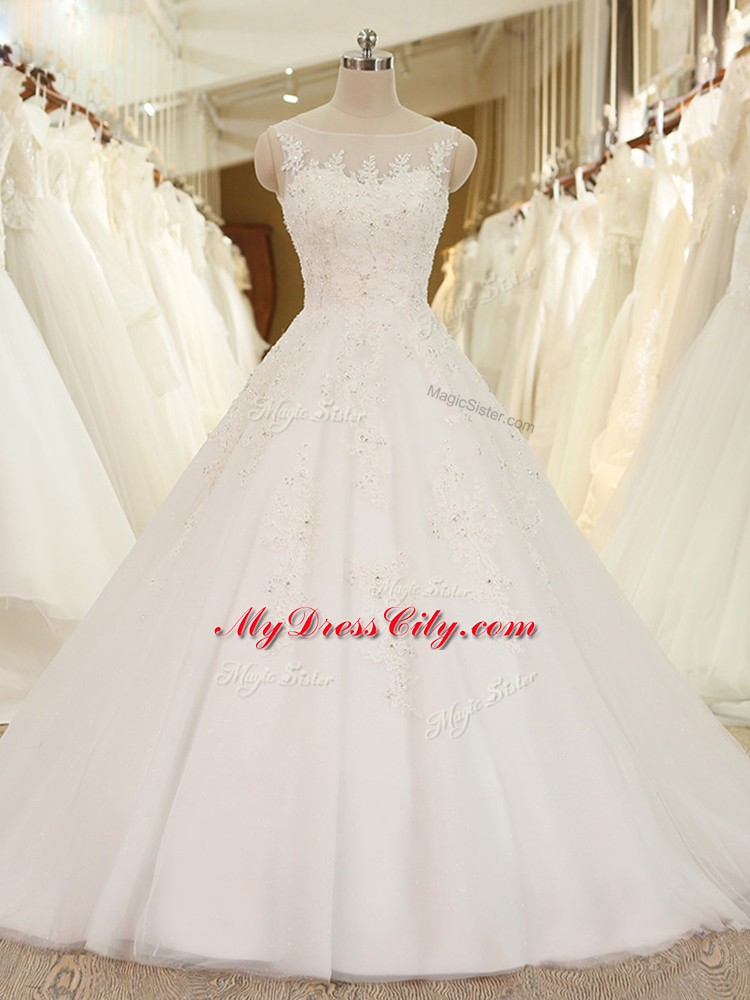 White Bridal Gown Tulle Sleeveless Lace and Appliques