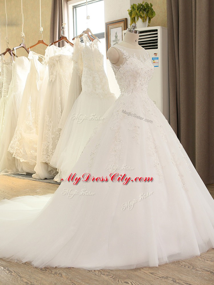 White Bridal Gown Tulle Sleeveless Lace and Appliques