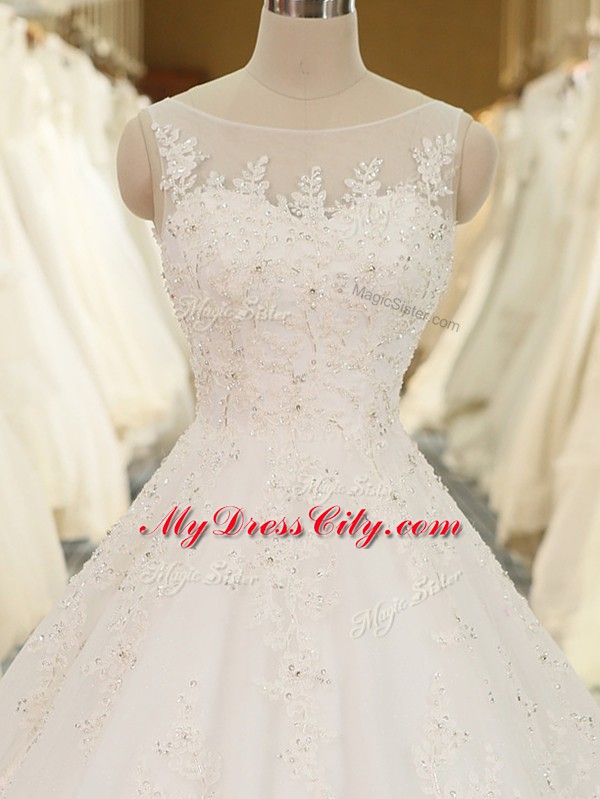 White Bridal Gown Tulle Sleeveless Lace and Appliques