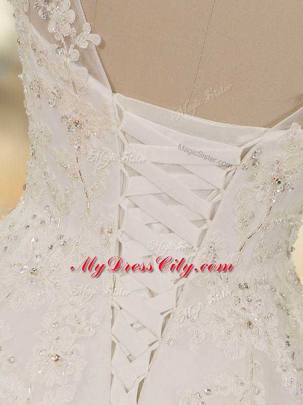 White Bridal Gown Tulle Sleeveless Lace and Appliques