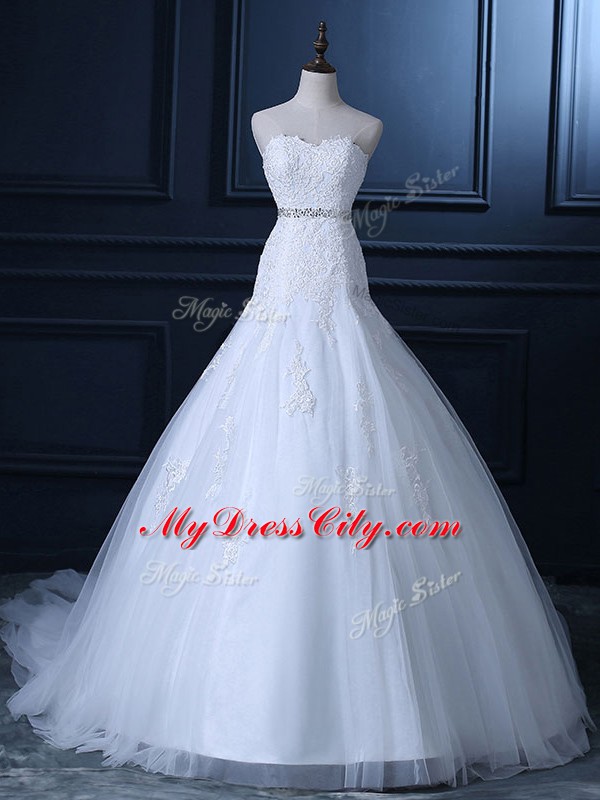 Comfortable Mermaid Sleeveless White Wedding Gown Court Train Lace Up