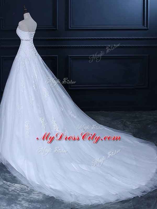 Comfortable Mermaid Sleeveless White Wedding Gown Court Train Lace Up