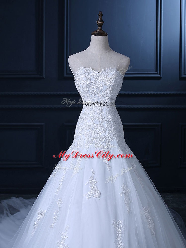 Comfortable Mermaid Sleeveless White Wedding Gown Court Train Lace Up