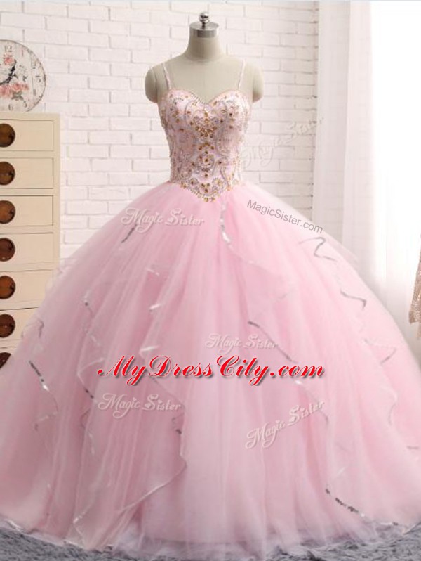 Comfortable Baby Pink Sweet 16 Quinceanera Dress Tulle Brush Train Sleeveless Beading and Ruffles