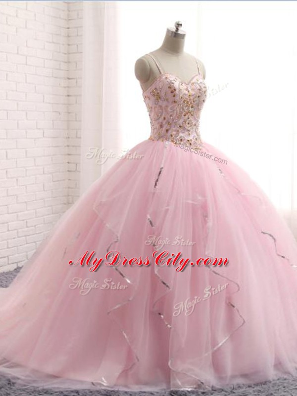 Comfortable Baby Pink Sweet 16 Quinceanera Dress Tulle Brush Train Sleeveless Beading and Ruffles