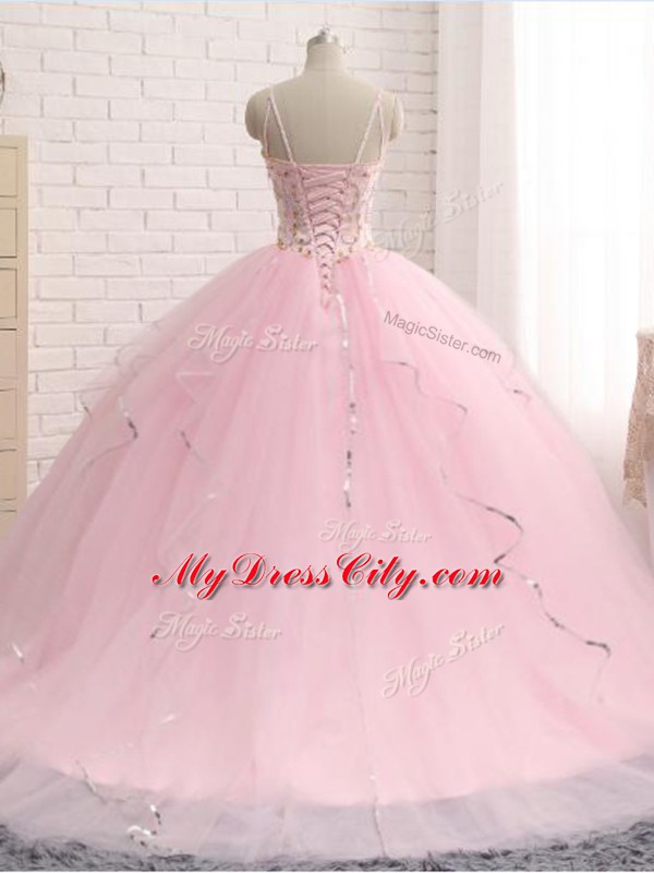 Comfortable Baby Pink Sweet 16 Quinceanera Dress Tulle Brush Train Sleeveless Beading and Ruffles