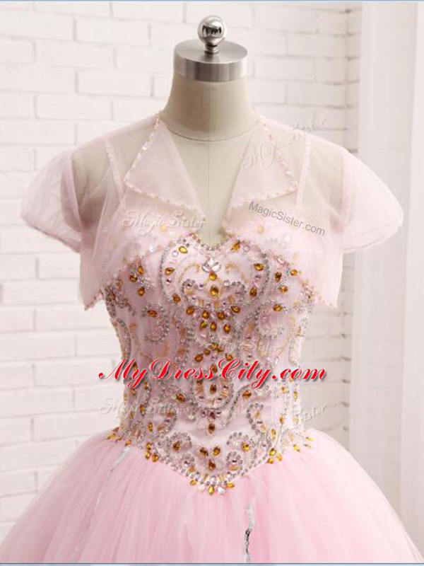 Comfortable Baby Pink Sweet 16 Quinceanera Dress Tulle Brush Train Sleeveless Beading and Ruffles