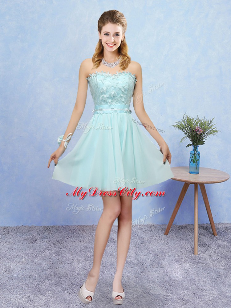 Mini Length Aqua Blue Bridesmaid Dress Sweetheart Sleeveless Lace Up