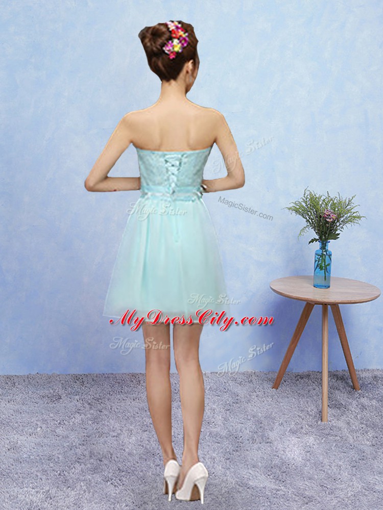 Mini Length Aqua Blue Bridesmaid Dress Sweetheart Sleeveless Lace Up