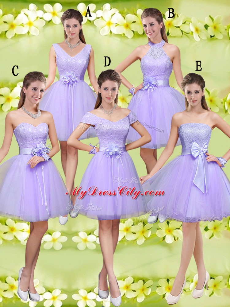 Cute V-neck Sleeveless Bridesmaid Gown Knee Length Lace and Belt Lilac Tulle