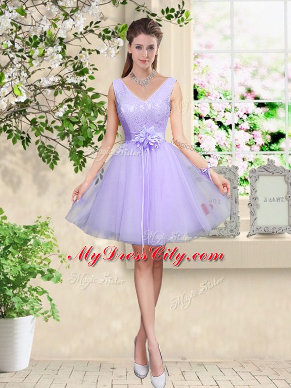 Cute V-neck Sleeveless Bridesmaid Gown Knee Length Lace and Belt Lilac Tulle