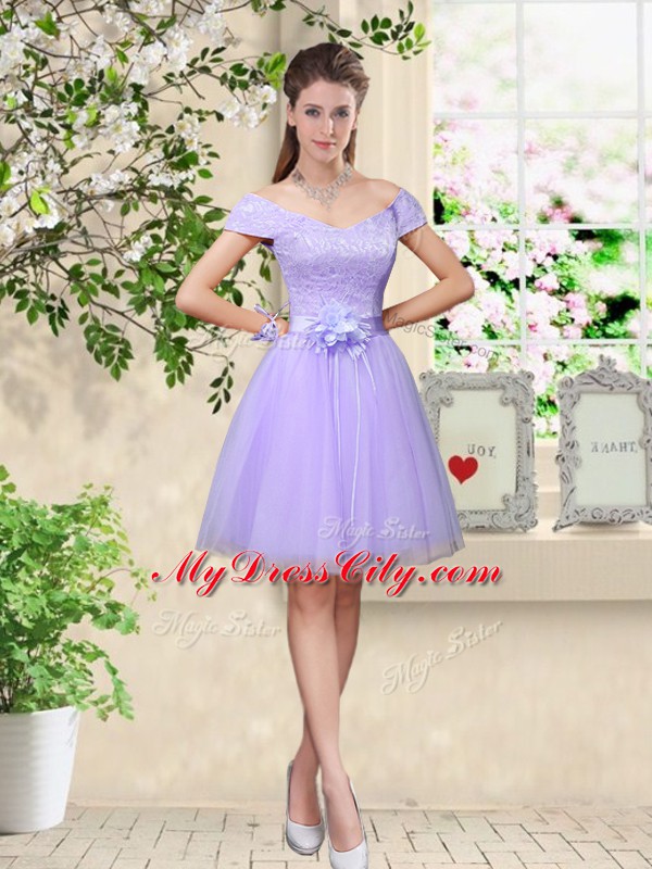 Cute V-neck Sleeveless Bridesmaid Gown Knee Length Lace and Belt Lilac Tulle