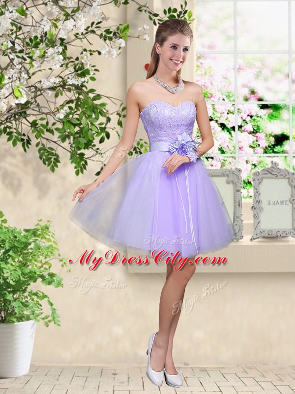 Cute V-neck Sleeveless Bridesmaid Gown Knee Length Lace and Belt Lilac Tulle