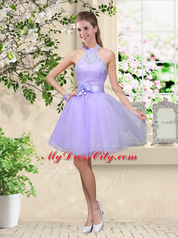 Cute V-neck Sleeveless Bridesmaid Gown Knee Length Lace and Belt Lilac Tulle