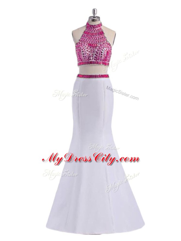 Deluxe Sleeveless Satin Floor Length Criss Cross Prom Evening Gown in White with Beading