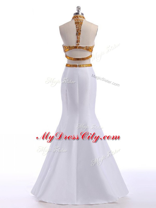 Deluxe Sleeveless Satin Floor Length Criss Cross Prom Evening Gown in White with Beading