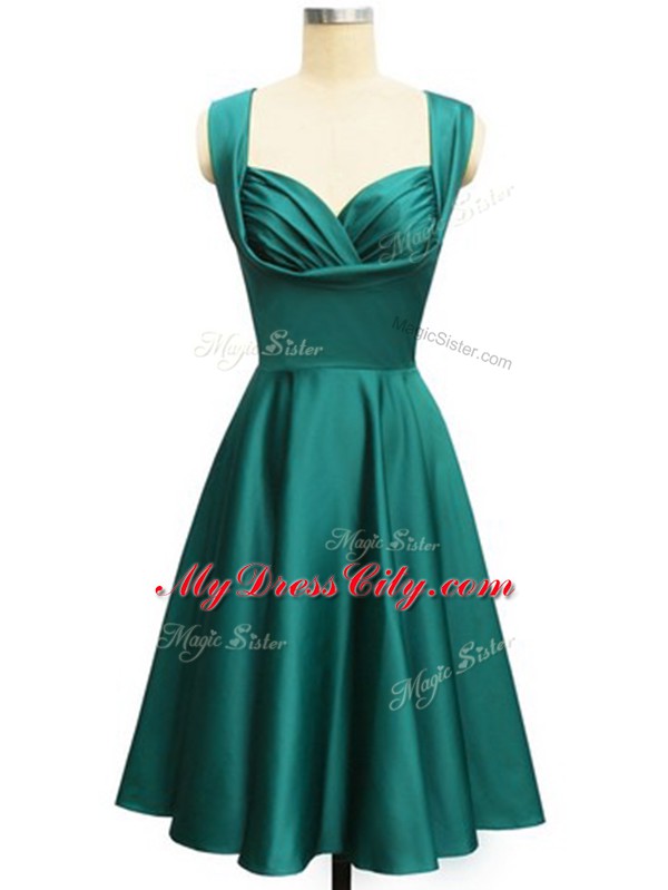 Sleeveless Taffeta Knee Length Lace Up Bridesmaid Dress in Teal with Ruching