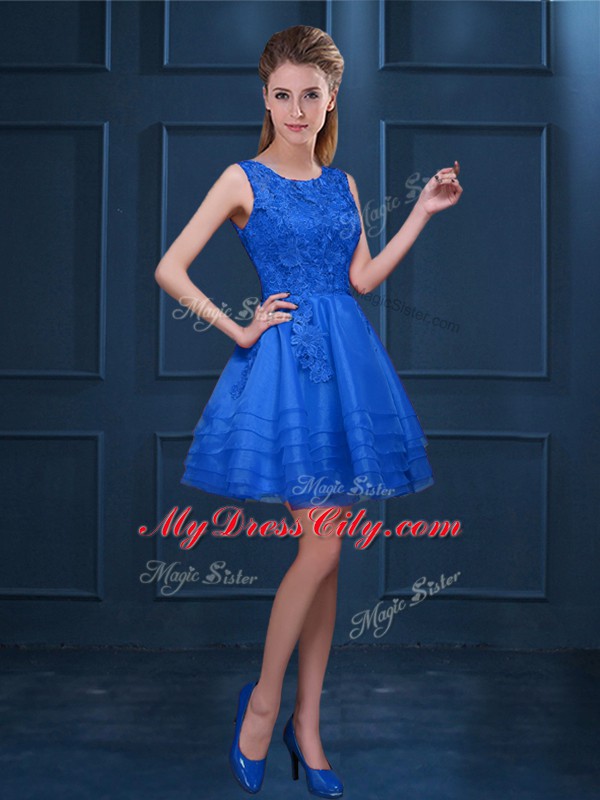 Blue Sleeveless Knee Length Lace and Ruffled Layers Zipper Wedding Guest Dresses