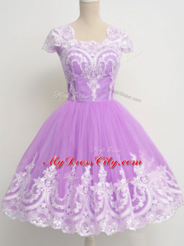 Lovely Lavender A-line Square 3 4 Length Sleeve Tulle Knee Length Zipper Lace Bridesmaids Dress