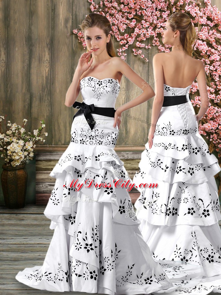 Ideal Embroidery and Sashes ribbons Bridal Gown White Backless Sleeveless Sweep Train