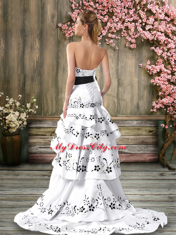 Ideal Embroidery and Sashes ribbons Bridal Gown White Backless Sleeveless Sweep Train