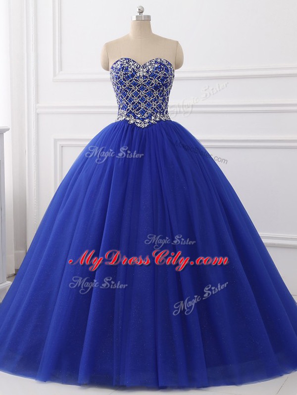 Elegant Royal Blue Ball Gowns Tulle Sweetheart Sleeveless Beading Floor Length Lace Up Quinceanera Gowns