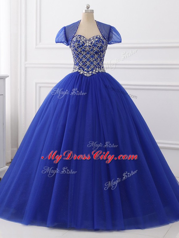 Elegant Royal Blue Ball Gowns Tulle Sweetheart Sleeveless Beading Floor Length Lace Up Quinceanera Gowns