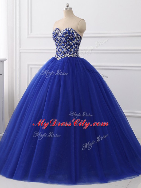 Elegant Royal Blue Ball Gowns Tulle Sweetheart Sleeveless Beading Floor Length Lace Up Quinceanera Gowns