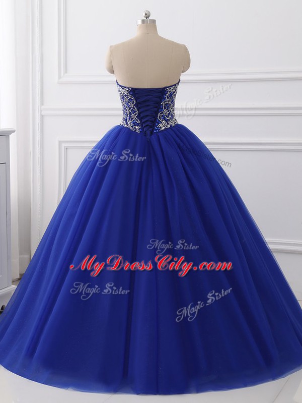 Elegant Royal Blue Ball Gowns Tulle Sweetheart Sleeveless Beading Floor Length Lace Up Quinceanera Gowns