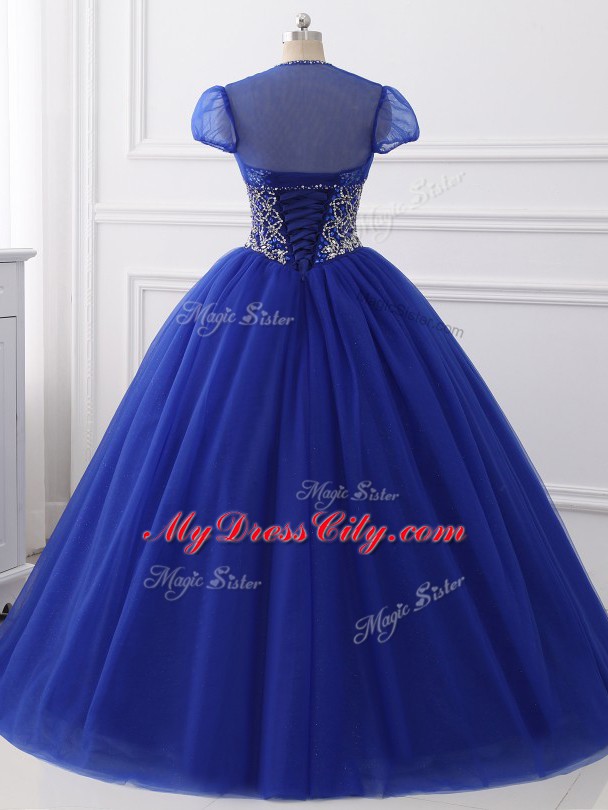 Elegant Royal Blue Ball Gowns Tulle Sweetheart Sleeveless Beading Floor Length Lace Up Quinceanera Gowns