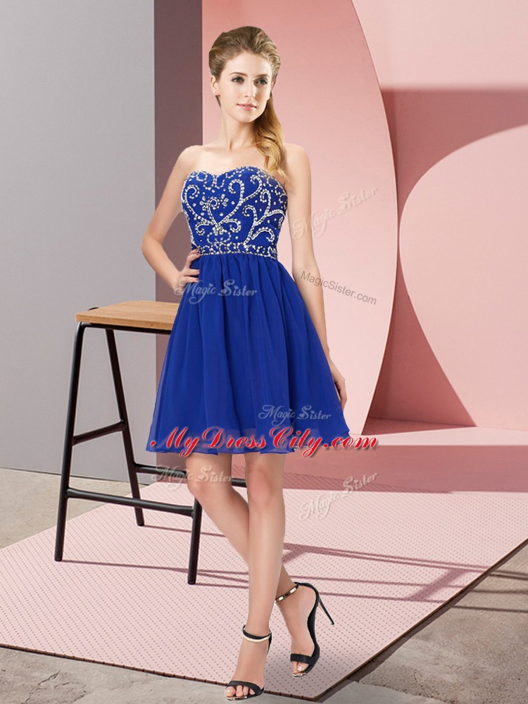 Traditional Royal Blue Chiffon Lace Up Sweetheart Sleeveless Mini Length Junior Homecoming Dress Beading