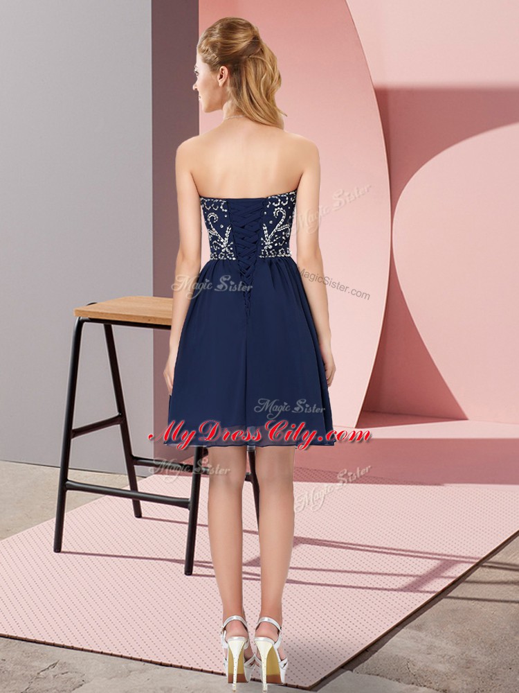 Traditional Royal Blue Chiffon Lace Up Sweetheart Sleeveless Mini Length Junior Homecoming Dress Beading