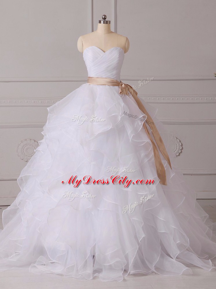 White Organza Lace Up Wedding Dresses Sleeveless Brush Train Beading and Ruffles and Sashes ribbons