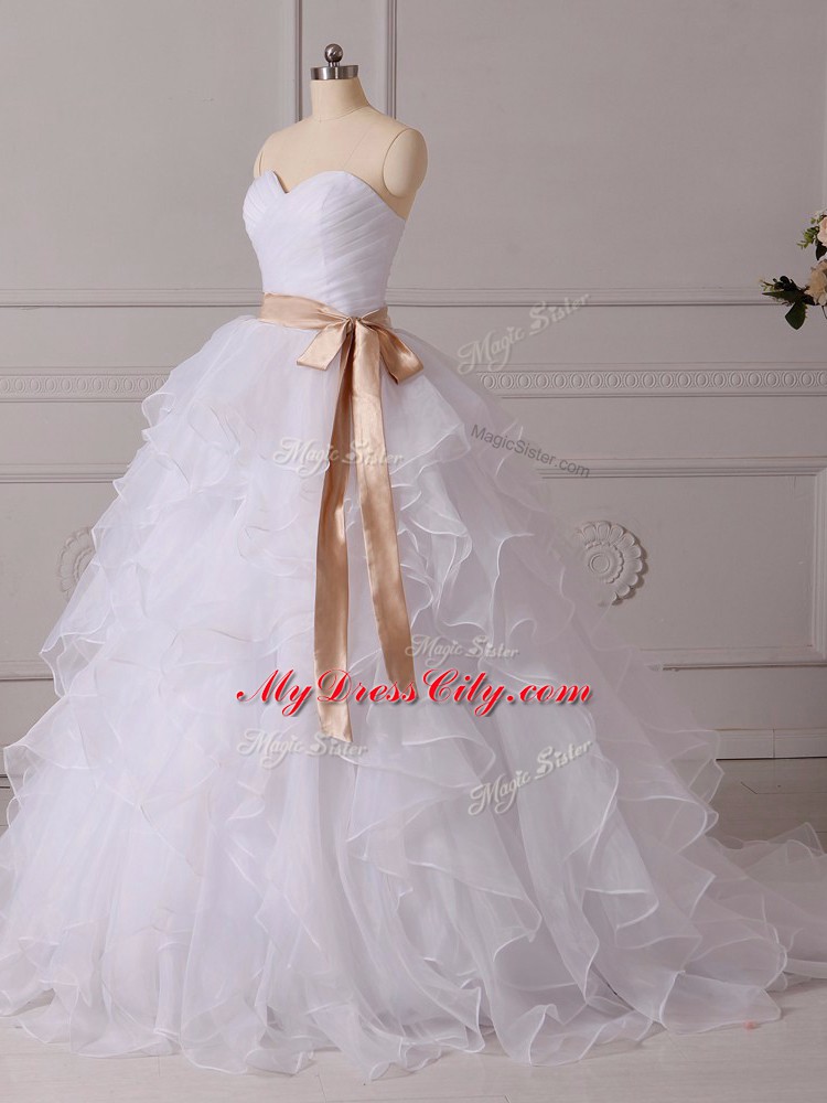 White Organza Lace Up Wedding Dresses Sleeveless Brush Train Beading and Ruffles and Sashes ribbons