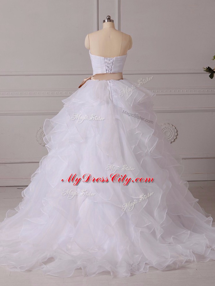 White Organza Lace Up Wedding Dresses Sleeveless Brush Train Beading and Ruffles and Sashes ribbons