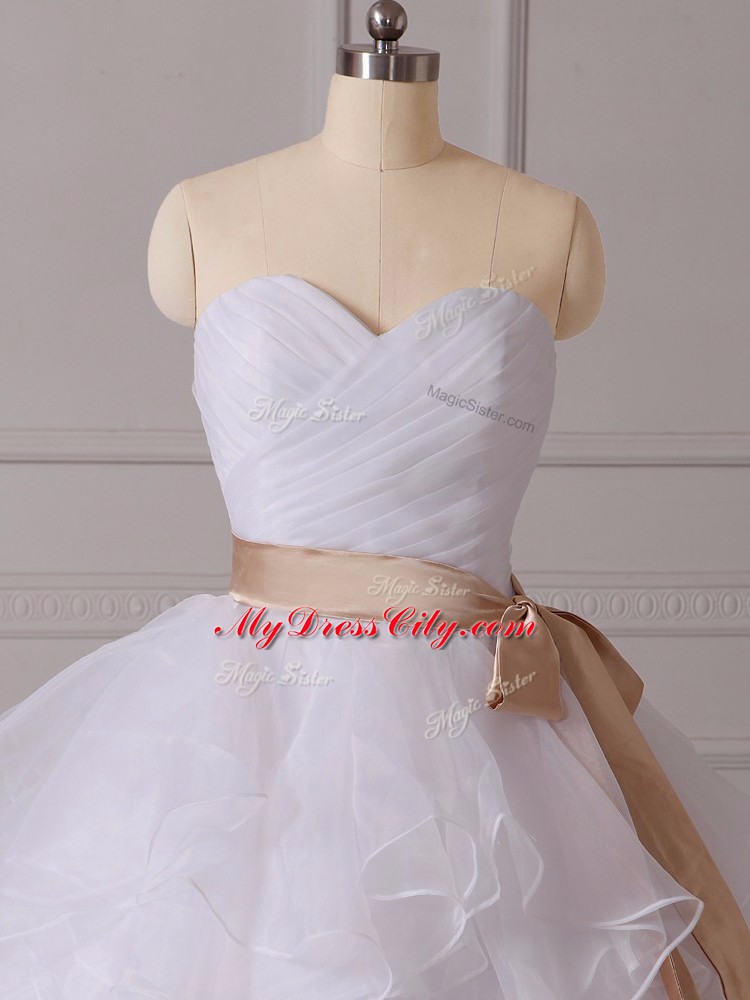 White Organza Lace Up Wedding Dresses Sleeveless Brush Train Beading and Ruffles and Sashes ribbons