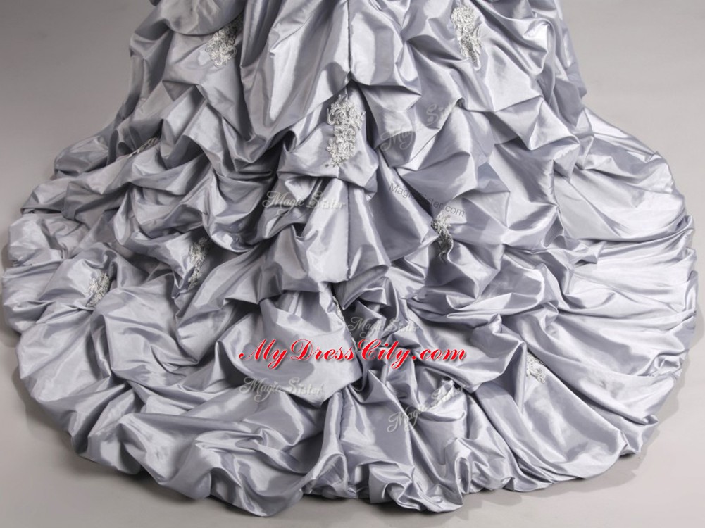 Lace Up 15 Quinceanera Dress Silver for Military Ball and Sweet 16 and Quinceanera with Beading and Appliques and Pick Ups Brush Train