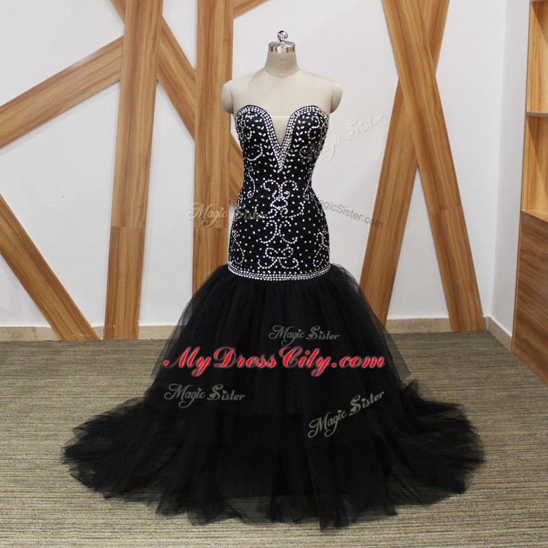 Gorgeous Sweetheart Sleeveless Brush Train Lace Up Prom Dresses Black Tulle