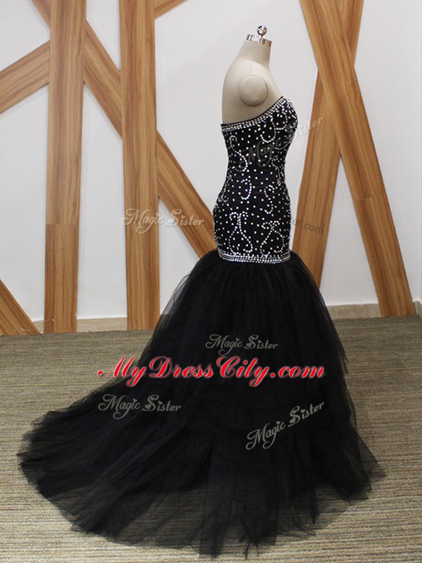 Gorgeous Sweetheart Sleeveless Brush Train Lace Up Prom Dresses Black Tulle