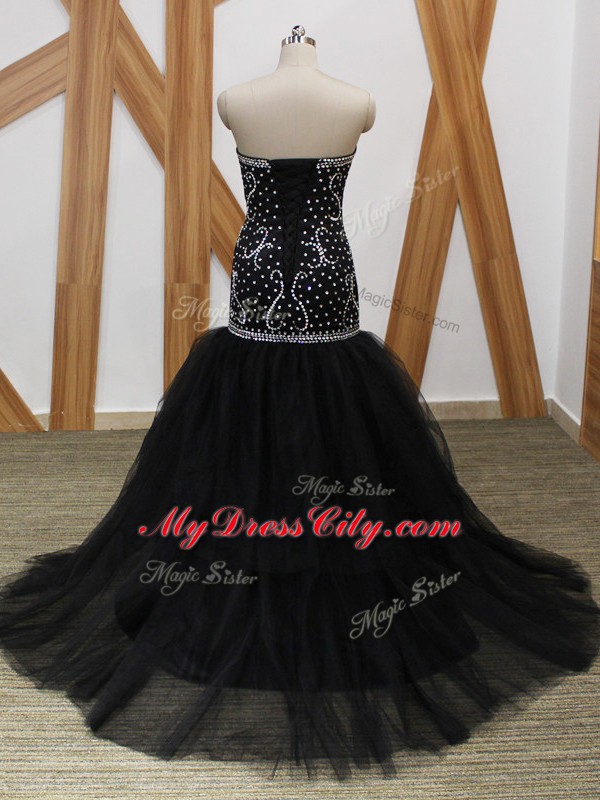 Gorgeous Sweetheart Sleeveless Brush Train Lace Up Prom Dresses Black Tulle