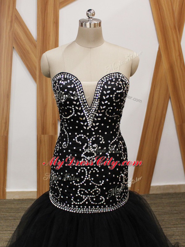 Gorgeous Sweetheart Sleeveless Brush Train Lace Up Prom Dresses Black Tulle