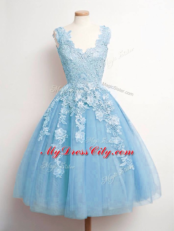 Exceptional Knee Length Lace Up Dama Dress Baby Blue for Prom and Party and Wedding Party with Lace