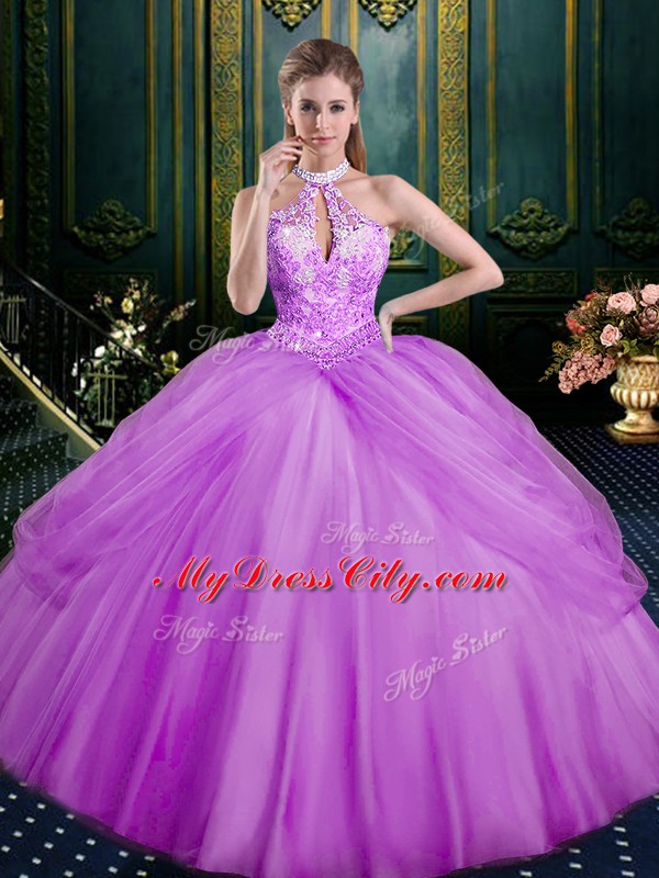 High End Floor Length Lace Up Sweet 16 Dress Lilac for Military Ball and Sweet 16 and Quinceanera with Beading and Pick Ups