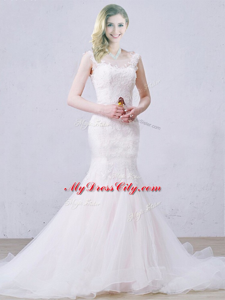 Scoop Sleeveless Wedding Dress Brush Train Lace White Tulle