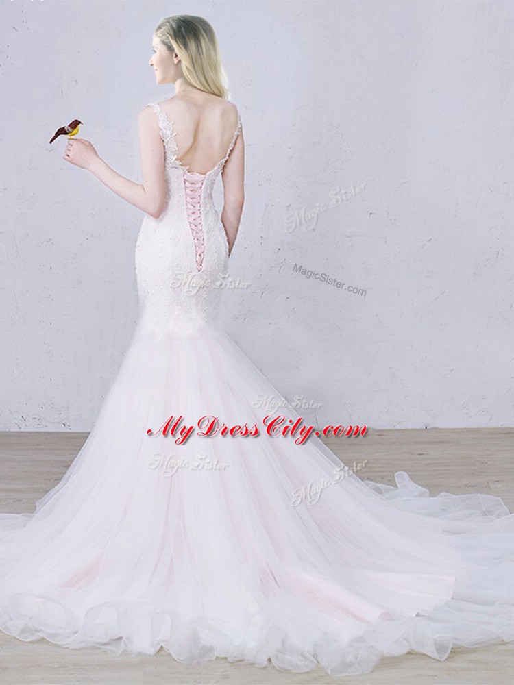 Scoop Sleeveless Wedding Dress Brush Train Lace White Tulle